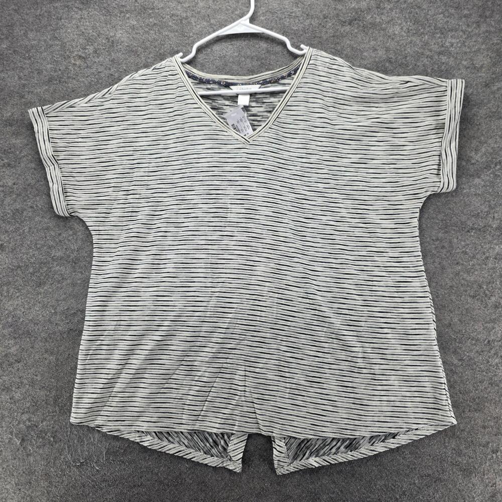 CJ Banks T-Shirt Tunic Womens 1X Gray Striped V-Neck Dolman Button Back